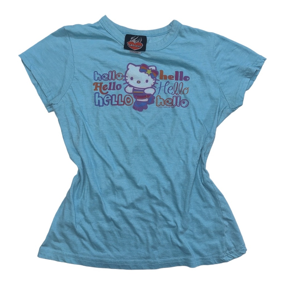 '06 TAKE COVER HELLO KITTY women's blue "hello"🛼 graphic tee, L.